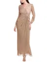 Adrianna Papell Metallic Long Sleeve Mesh Evening Gown In Gold