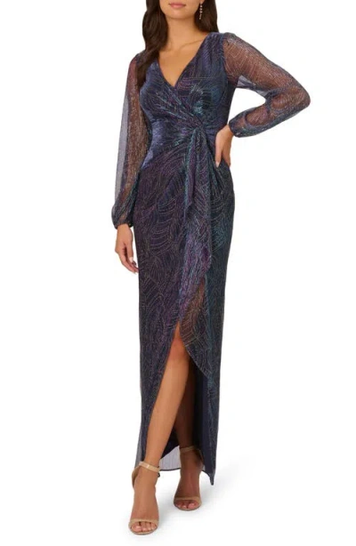 Adrianna Papell Metallic Mesh Long Sleeve Gown In Gold/blue