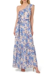 Adrianna Papell Metallic Ruffle One-shoulder Maxi Cocktail Dress In Blue