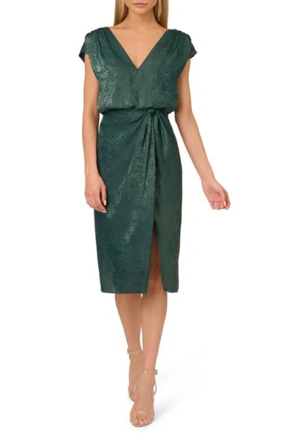 Adrianna Papell Metallic Satin Midi Cocktail Dress In Dark Ivy