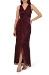 Adrianna Papell Metallic Sleeveless Mesh High/low Gown In Burgundy/ Gold