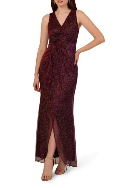 Adrianna Papell Metallic Sleeveless Mesh High/low Gown In Burgundy/ Gold