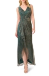 Adrianna Papell Women's Metallic Ruffled Sleeveless Faux-wrap Gown In Evergreen