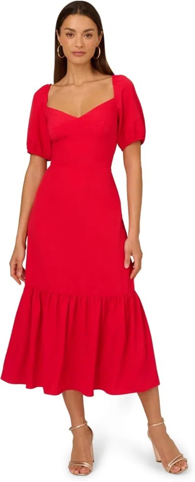 Adrianna Papell Midi Dress Women's Red Sweetheart Neck Smocked Back Ddr278