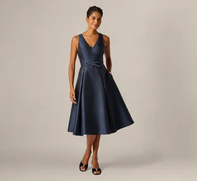 Adrianna Papell Mikado Bow Waist Fit And Flare Midi Dress In Midnight In Blue