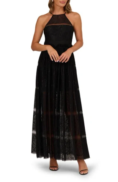 Adrianna Papell Mixed Lace A-line Gown In Black