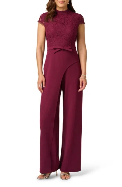 Adrianna Papell Cap Sleeve Bow Waist Lace Combo Jumpsuit In Cabernet In Burgundy