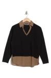 Adrianna Papell Mixed Media Layered Sweater In Black W/mocha Petite Stripe