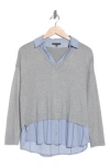 Adrianna Papell Mixed Media Layered Sweater In H Grey W/blue Combo Stripe