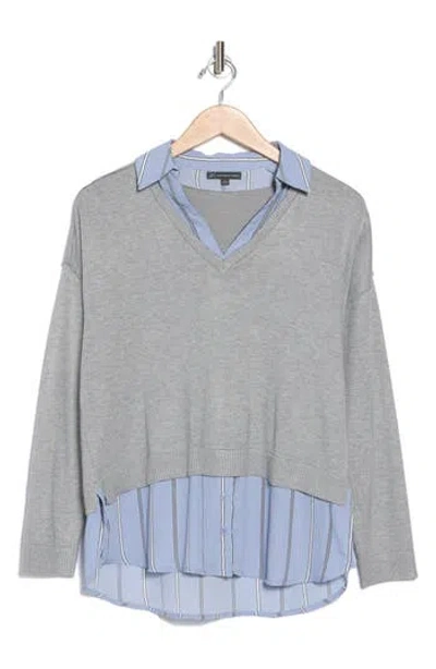 Adrianna Papell Mixed Media Layered Sweater In H Grey W/blue Combo Stripe