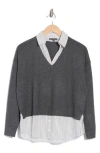 Adrianna Papell Mixed Media Layered Sweater In Heather Graphite/mini Stripe