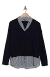 Adrianna Papell V-neck Twofer Sweater In Navy W/navy Small Stripe