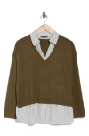 Adrianna Papell Mixed Media Layered Sweater In Oak Olive/mini Stripe