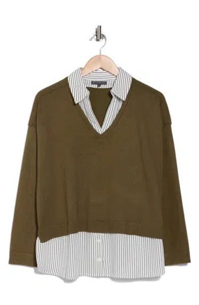 Adrianna Papell Mixed Media Layered Sweater In Oak Olive/mini Stripe