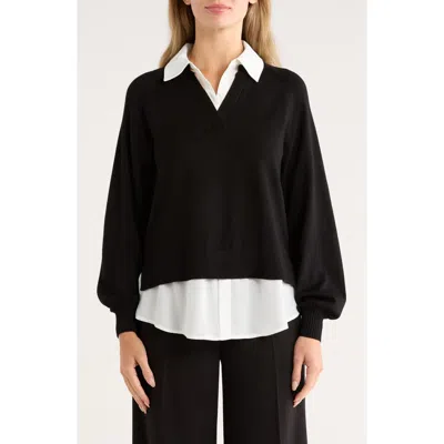 Adrianna Papell V-neck Twofer Sweater In Black