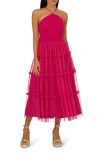 Adrianna Papell Mixed Media Tiered Cocktail Midi Dress In Bright Rose