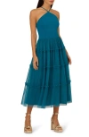 Adrianna Papell Mixed Media Tiered Cocktail Midi Dress In Peacock
