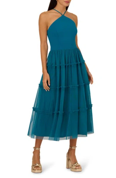 Adrianna Papell Mixed Media Tiered Cocktail Midi Dress In Peacock