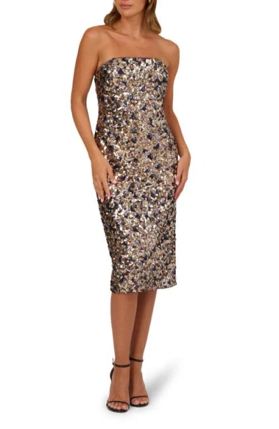 Adrianna Papell Mixed Sequin Strapless Cocktail Midi Dress In Multi
