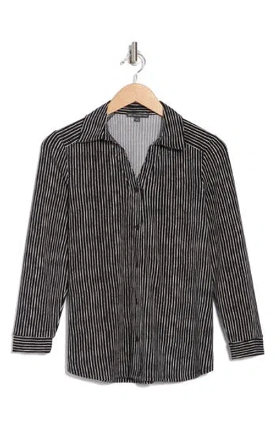 Adrianna Papell Moss Crepe Button Front Shirt In Black Ripple Stripe