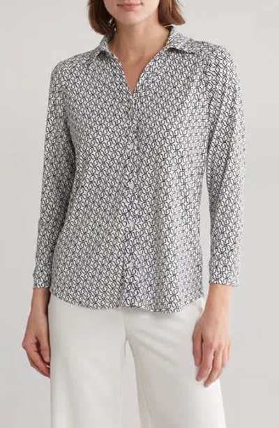 Adrianna Papell Moss Crepe Button Front Shirt In Ivory/black Chain Geo