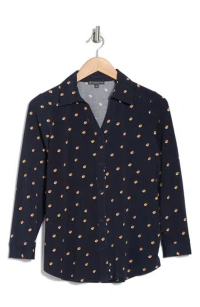 Adrianna Papell Moss Crepe Button Front Shirt In Navy/khaki Double Dot