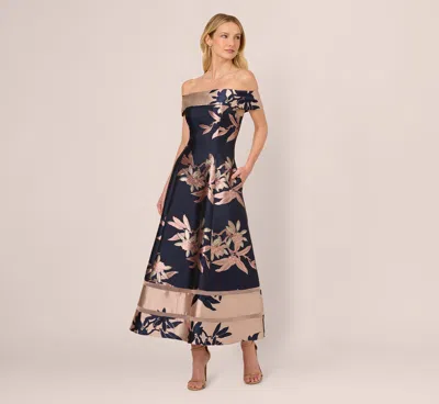 Adrianna Papell Off Shoulder 2 Tone Jacquard Fit And Flare Midi Dress In Navy Blush In Multi