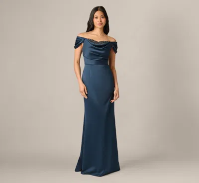 Adrianna Papell Off Shoulder Beaded Sweetheart Satin Gown In Dark Navy In Blue