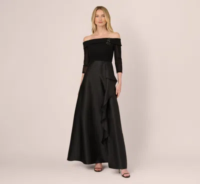 Adrianna Papell Off Shoulder Draped Mikado Combo Gown In Black