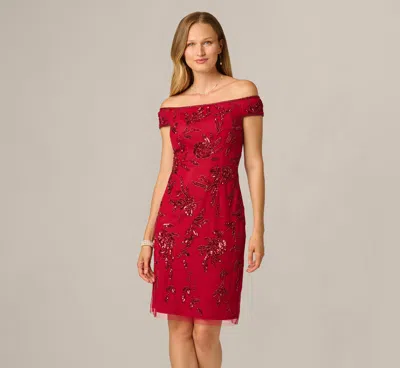 Adrianna Papell Off Shoulder Floral Sequin Beaded Sheath Dress In Cranberry In Red