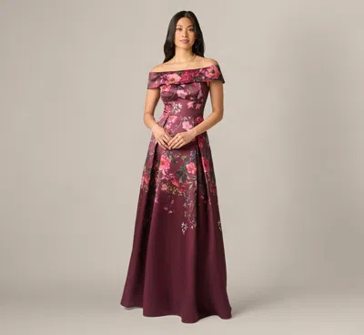 Adrianna Papell Off Shoulder Garden Floral Mikado Ballgown In Burgundy Multi In Pink