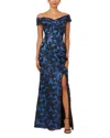 Adrianna Papell Metallic Floral Jacquard Off The Shoulder Gown In Blue Multi