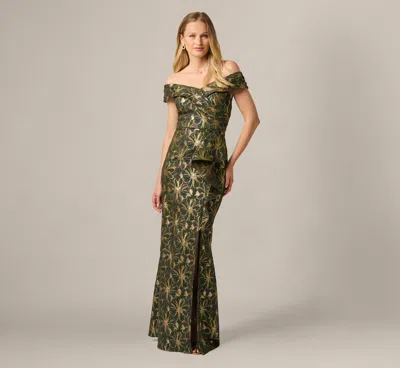 Adrianna Papell Off Shoulder Jacquard Gown In Olive Gold In Multi