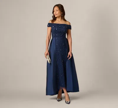Adrianna Papell Off Shoulder Taffeta Overlay Beaded Gown In Light Navy In Blue