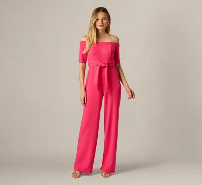 Adrianna Papell Off Shoulder Tie Front Stretch Jumpsuit In Camellia In Pink