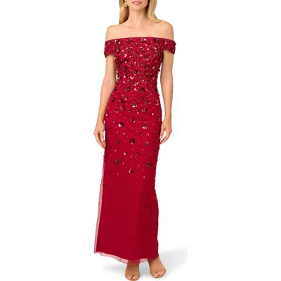 Adrianna Papell Off The Shoulder Beaded Column Gown In Cranberry