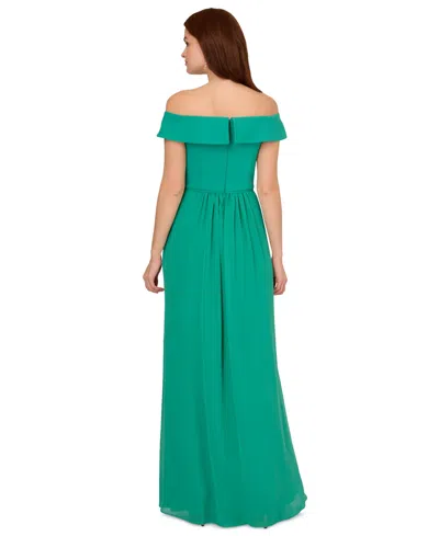 Adrianna Papell Off-the-shoulder Chiffon Gown In Botanical Green