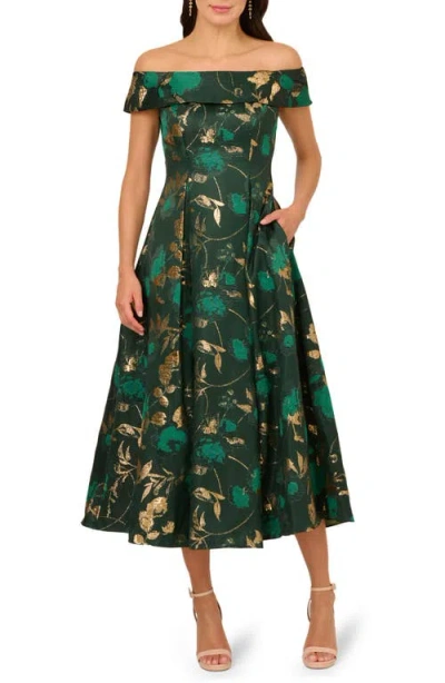 Adrianna Papell Off The Shoulder Fit & Flare Cocktail Dress In Green