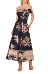 Adrianna Papell Womens Off-the-shoulder Floral Fit & Flare Dress In Navy/blush