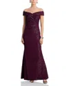 Adrianna Papell Off-the-shoulder Jacquard Gown In Burgundy