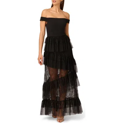 Adrianna Papell Off The Shoulder Tiered Lace Gown In Black