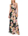 Adrianna Papell Pleated Floral One-shoulder Chiffon Gown In Black/blush Multi