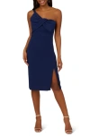 Adrianna Papell One-shoulder Crepe Knit Cocktail Dress In Navy Sateen