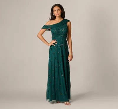 Adrianna Papell One Shoulder Draped Floral Beaded Gown In Gem Green