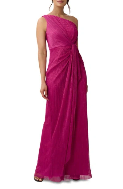 Adrianna Papell Stardust Pleated One Shoulder Gown In Magenta