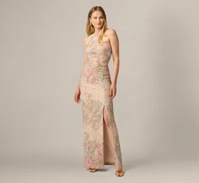 Adrianna Papell One Shoulder Floral Matelasse Column Gown In Blush Multi In Neutral