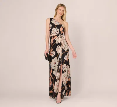 Adrianna Papell One Shoulder Floral Ribbon Stripe Gown In Black Multi