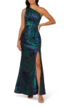 Adrianna Papell One-shoulder Jacquard Gown In Cobalt/teal
