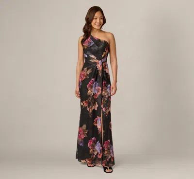Adrianna Papell One Shoulder Knot Waist Floral Chiffon Gown In Black Multi