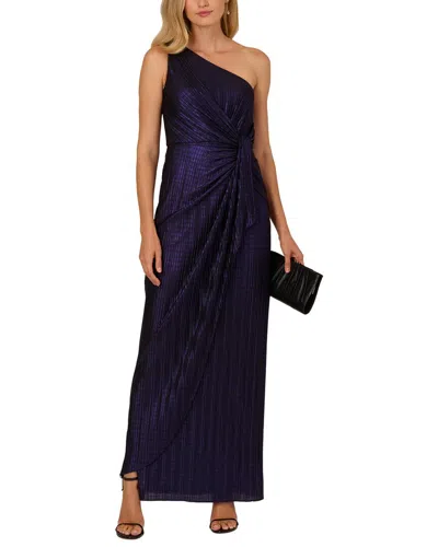 Adrianna Papell One Shoulder Metallic Knit Draped Gown In Blue